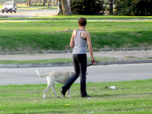 Woman walking dog on grass, relieves stress